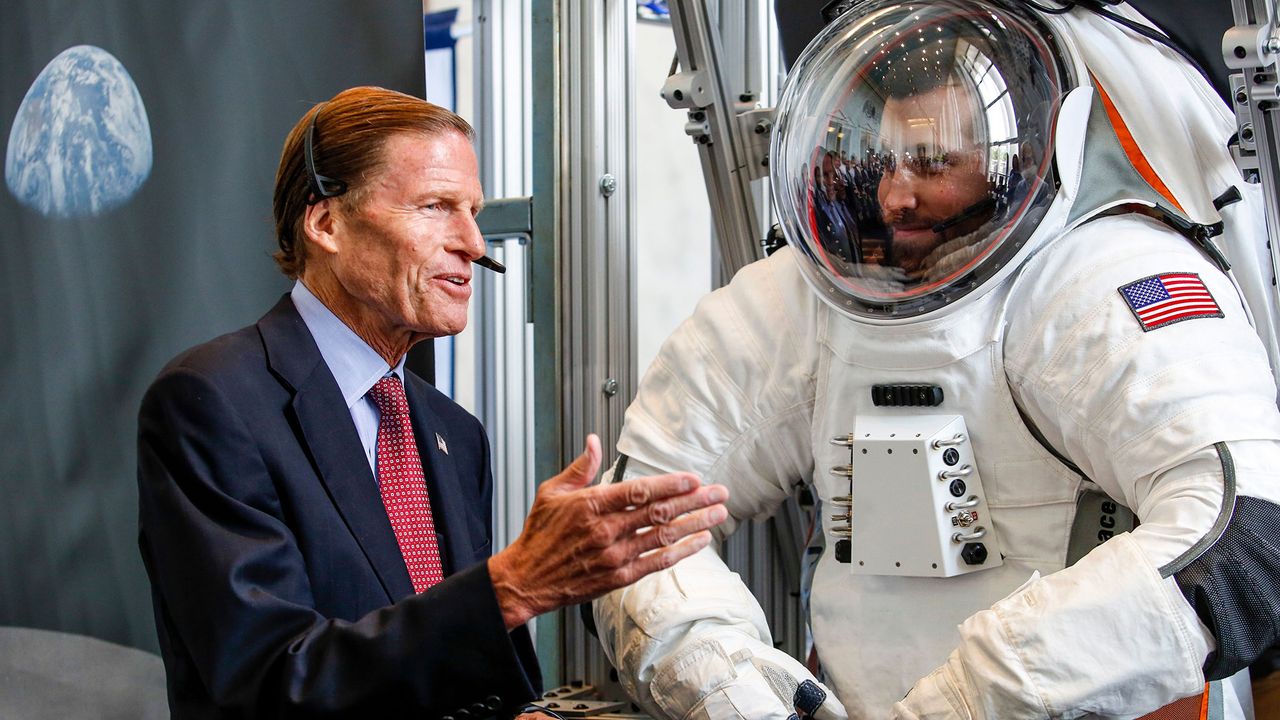 Senator Richard Blumenthal (D-CT) inspects a prototype of the Next Generation Space Suit system produced by Collins Aerospace, a unit of United Technologies Corporation, during the Space Day on the Hill on Thursday, July 25, 2019 in Washington. The showcase was timed to commemorate the 50th Anniversary of Apollo 11.