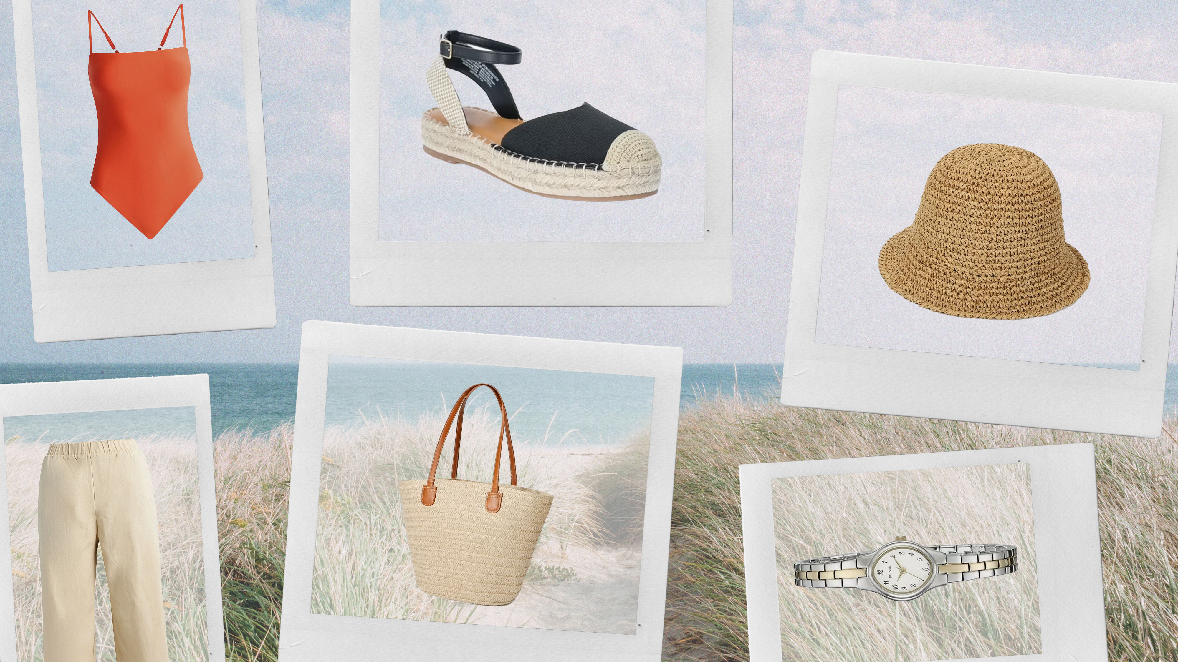 Collage of red bathing suit, espadrilles, straw hat, tan pants, straw bag, ad silver and gold watch from Walmart 