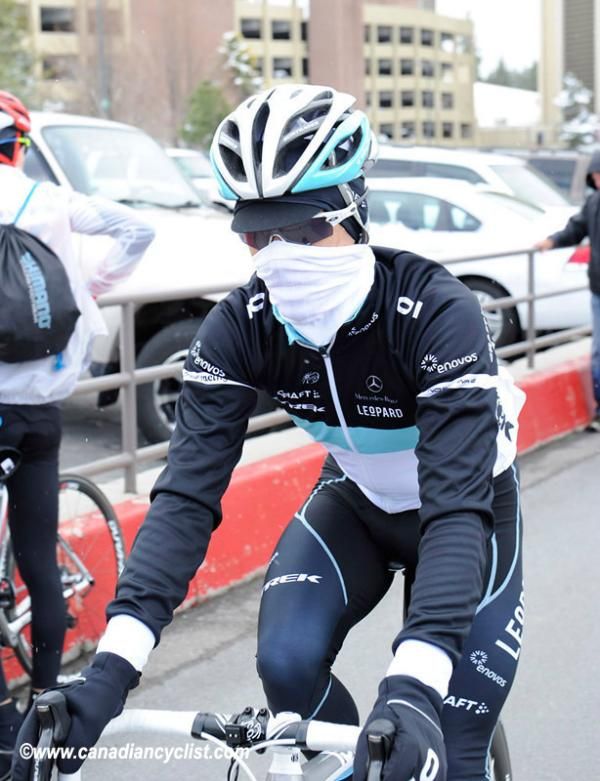 Andy Schleck tries to keep warm before the (cancelled) first stage of the Amgen Tour of California