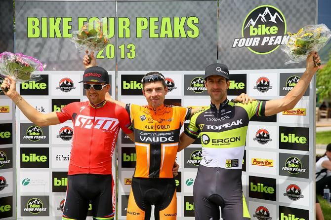 Stage 3 podium at the Bike Four Peaks: Christoph Sauser, Jochen Kaess, Alban Lakata