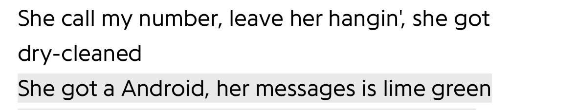 Screenshot of lyrics from a Drake song