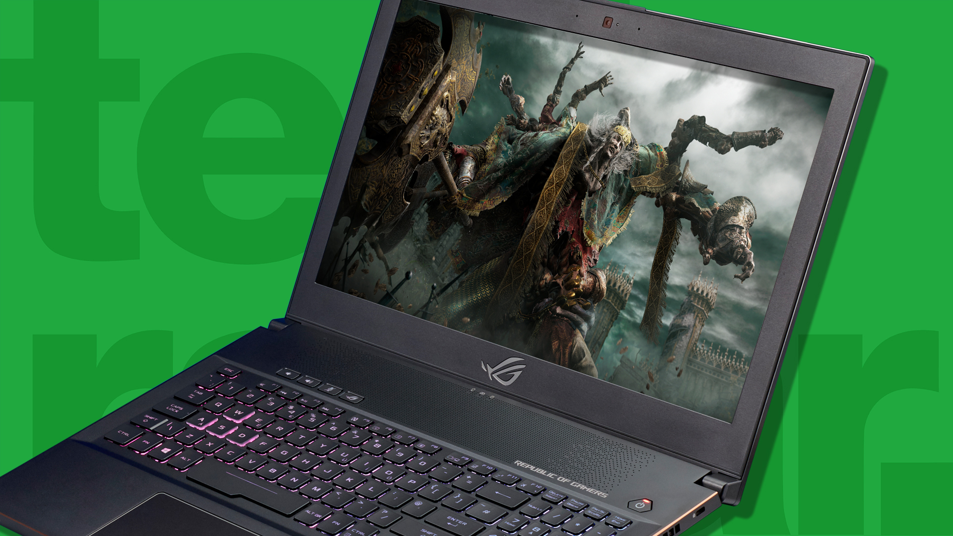 Elden Ring playing on an Asus ROG gaming laptop on a green background