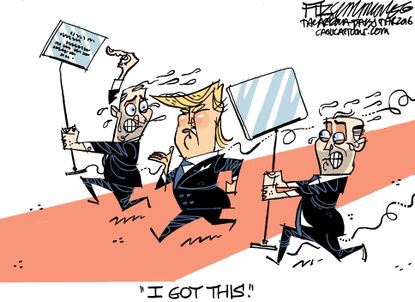 Political cartoon U.S. Trump color teleprompters