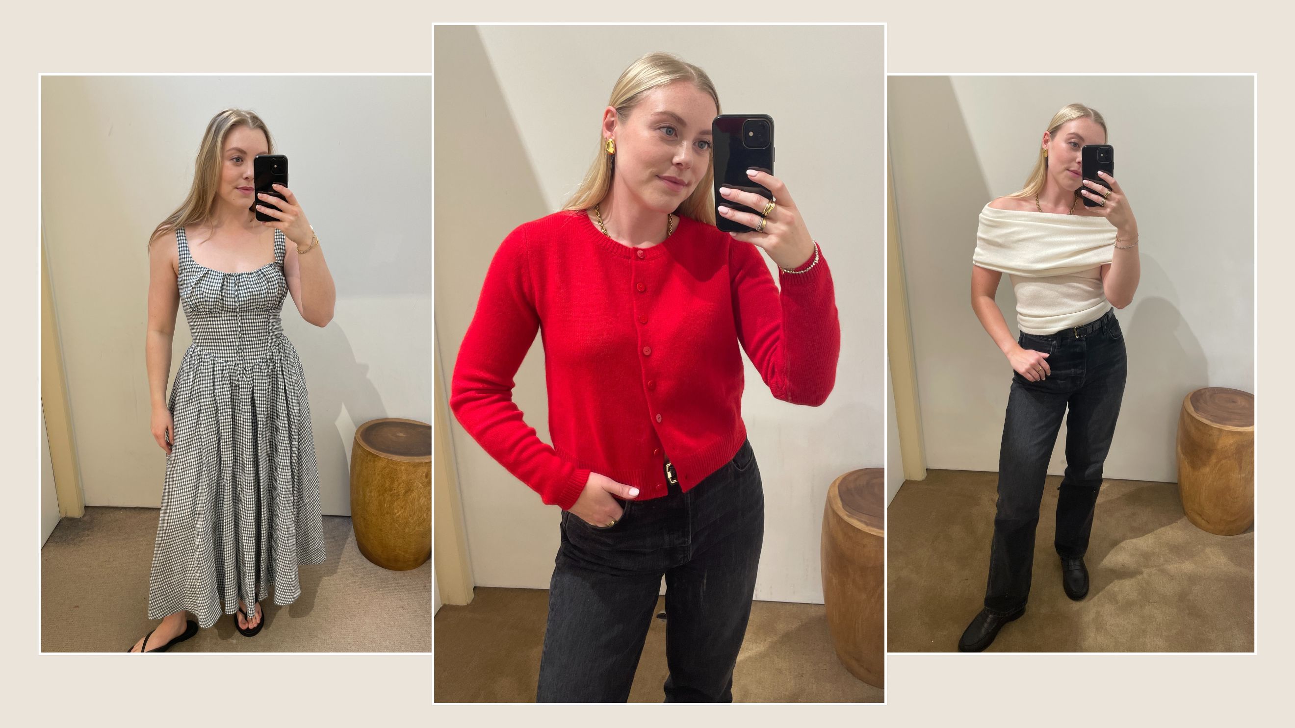 Woman wears gingham dress; woman wears red cashmere cardigan and black jeans; woman wears cream knit top and black jeans