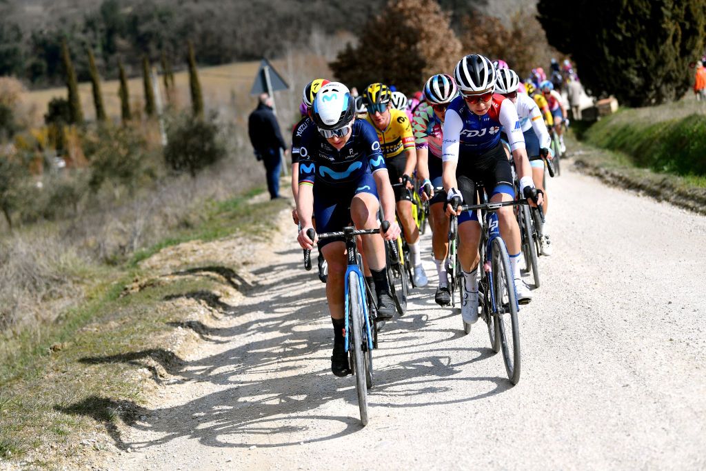 SIENA ITALY MARCH 05 LR Chantal Van Den Broek Blaak of Netherlands and Team SD Worx and Cecilie Uttrup Ludwig of Denmark and Team FDJ Nouvelle Aquitaine Futuroscope compete through gravel roads during the Eroica 8th Strade Bianche 2022 Womens Elite a 136km one day race from Siena to Siena Piazza del Campo 321m StradeBianche on March 05 2022 in Siena Italy Photo by Luc ClaessenGetty Images