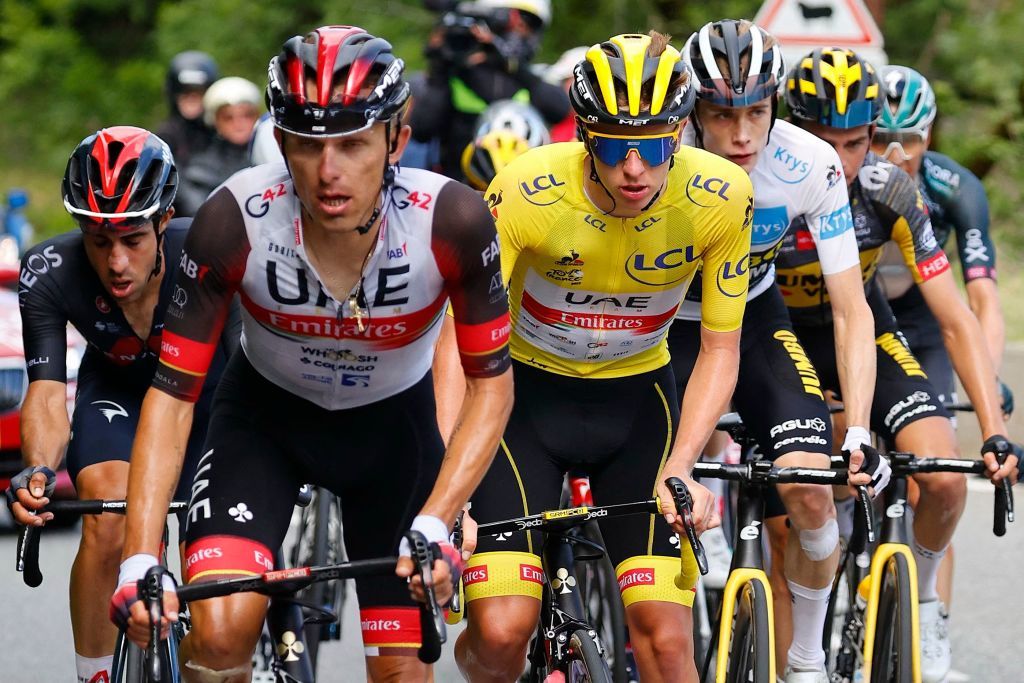 Rafal Majka leads Tadej Pogacar on stage 17 of the Tour de France