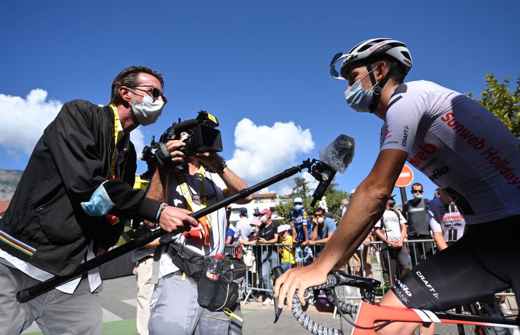 PRIVAS FRANCE SEPTEMBER 02 Start Tiesj Benoot of Belgium and Team Sunweb Interview Social distancing Press Media Gap Village during the 107th Tour de France 2020 Stage 5 a 183km stage from Gap to Privas 277m TDF2020 LeTour on September 02 2020 in Privas France Photo by Stuart FranklinGetty Images