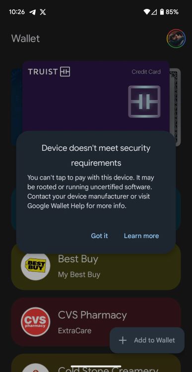 Google Wallet showing error message when adding a new card