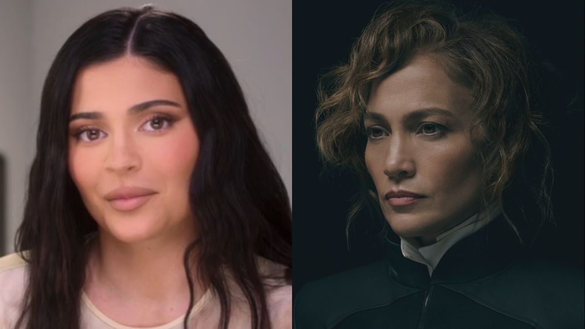 Kylie Jenner wears a solemn face, pictured next to a stoic Jennifer Lopez from Atlas.