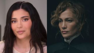 Kylie Jenner wears a solemn face, pictured next to a stoic Jennifer Lopez from Atlas.