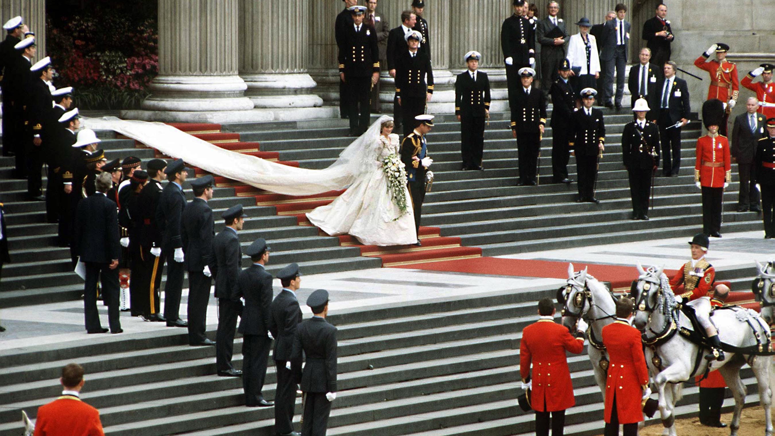 The Prince and Princess of Wales leave St Paul's Cathedral on their wedding day, 29th July 1981.