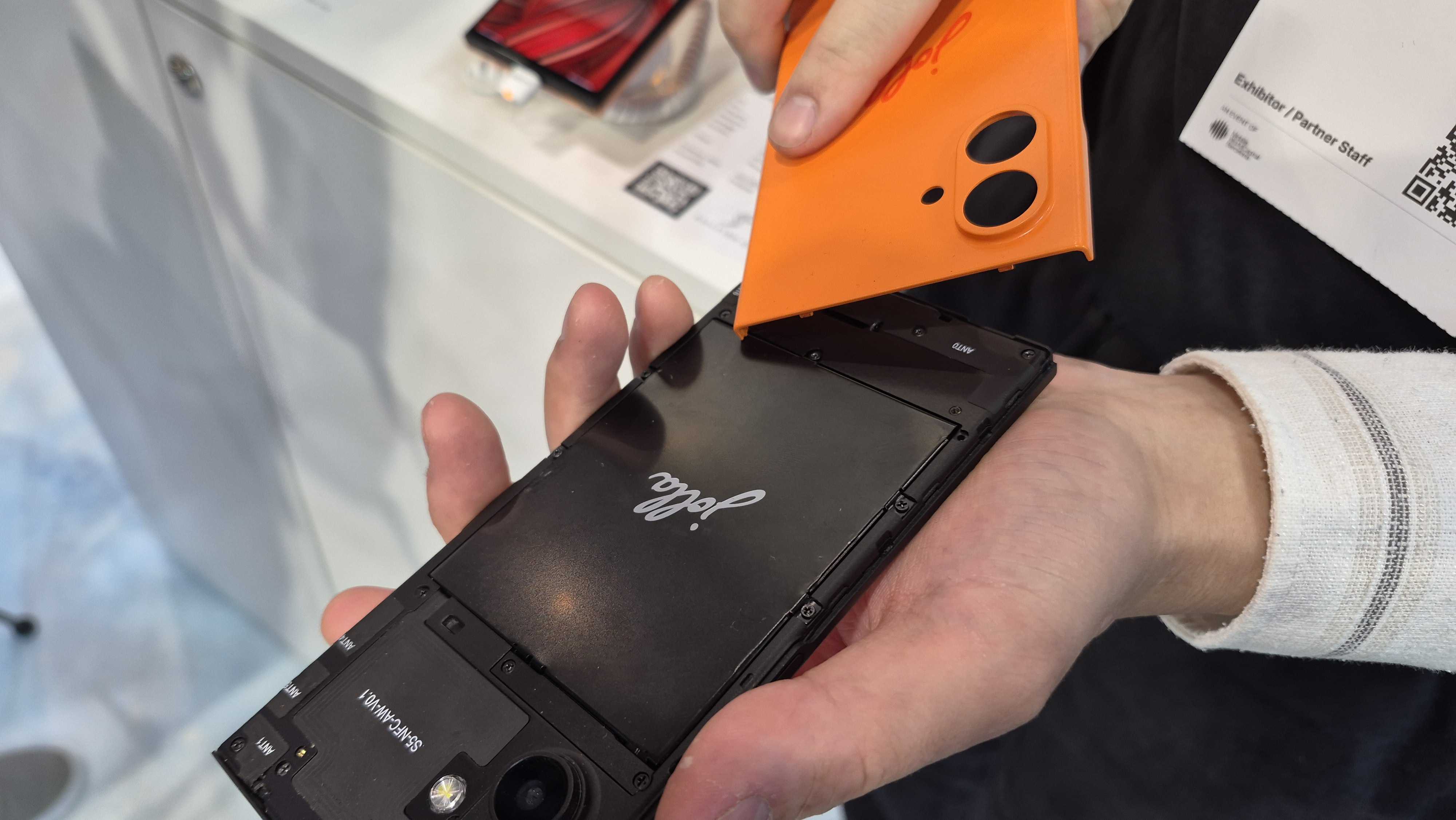 Images of the Jolla Phone including camera lenses and screen display, pictured at MWC 2026 in Barcelona, Spain.