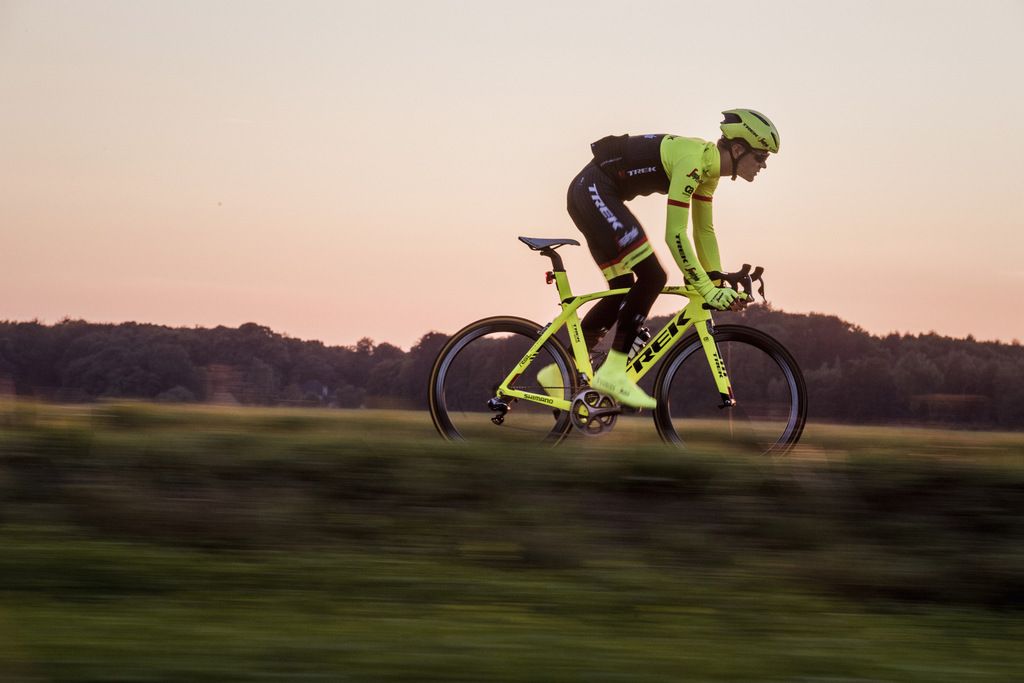 Jasper Stuyven showcasing the hi-vis Trek-Segafredo kit
