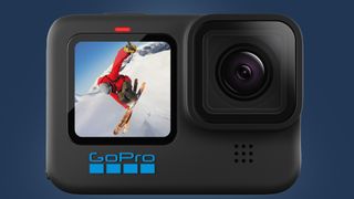 The GoPro Hero 10 Black on a blue background