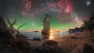 This is a multilayer 24 panel mosaic taken from Cathedral Cove before and during a moonrise