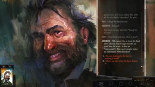 Disco Elysium's bewhiskered protagonist grins terrifyingly at his own reflection