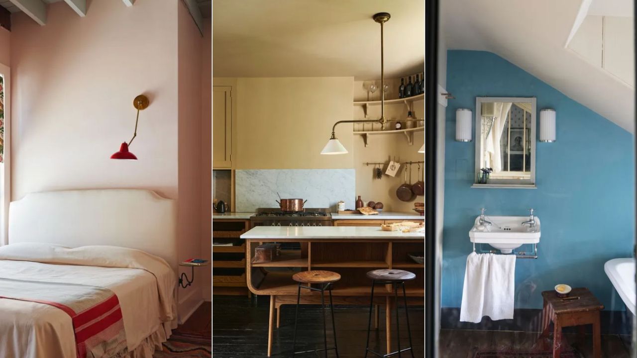 pink bedroom, yellow kitchen, blue bathroom