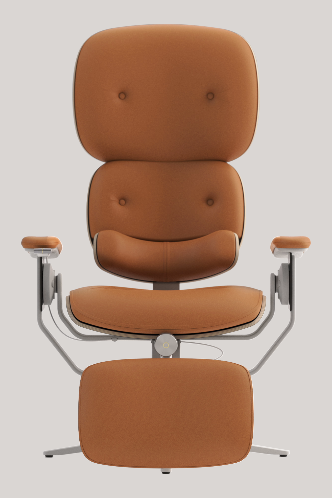 A wellness chair with tan furnishing and off-white hardware