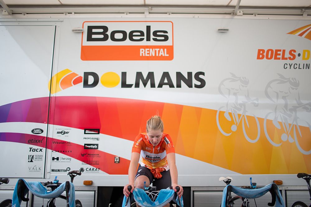 Demi de Jong (NED) of Boels-Dolmans Cycling Team warms up before the 2.8km time trial prologue of Elsy Jacobs