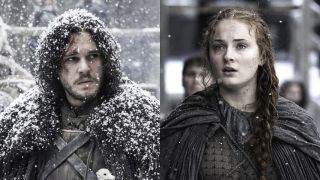 From left to right: Kit Harington as Jon Snow in the snow and Sophie Turner as Sansa standing in light snow on Game of Thrones.