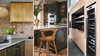 Collage of three kitchens together to show key kitchen trends 2023 including metallic designs, kciteh island seating and wine cellars
