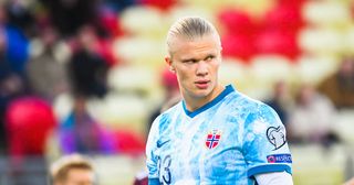 Norway's forward Erling Braut Haland reacts during the FIFA World Cup Qatar 2022 qualification Group G football match between Latvia and Norway, in Riga, on September 4, 2021.