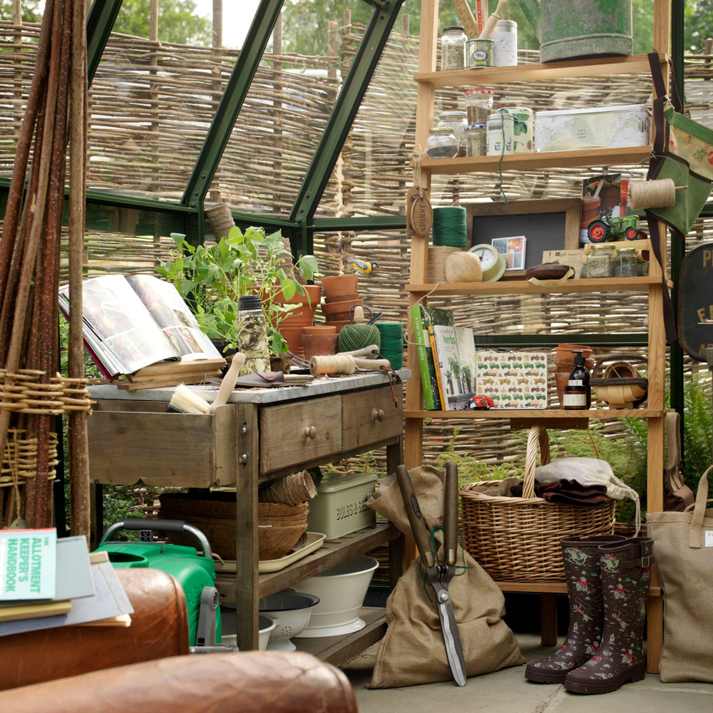garden with Inside a greenhouse and cane basket