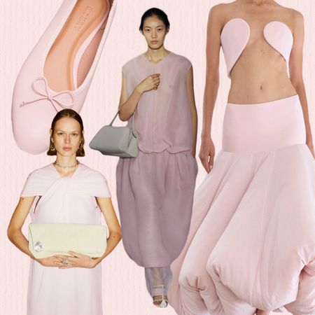 Collage of pastel pink and powder pink fashion items and runway imagey.