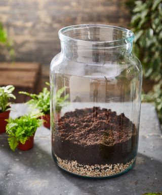 Gravel and soil layered up in a large glass jar terrarium