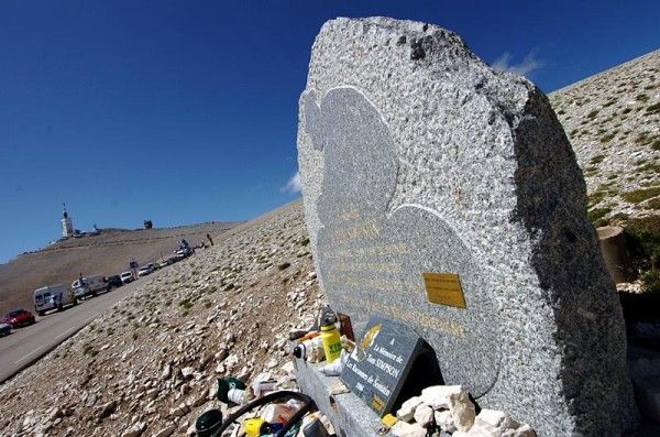 Tom Simpson memorial with the view of Mont Ventoux on the horizon.