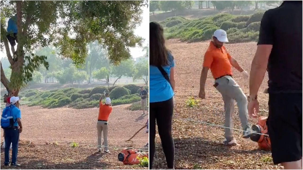 A split shot of Joost Luiten throwing a club up into a tree and the Dutchman kicking his bag in disgust