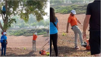 A split shot of Joost Luiten throwing a club up into a tree and the Dutchman kicking his bag in disgust