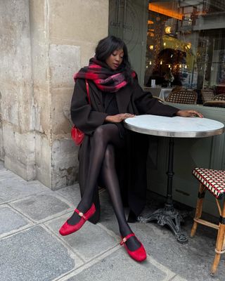 Emmanuelle wearing red shoes