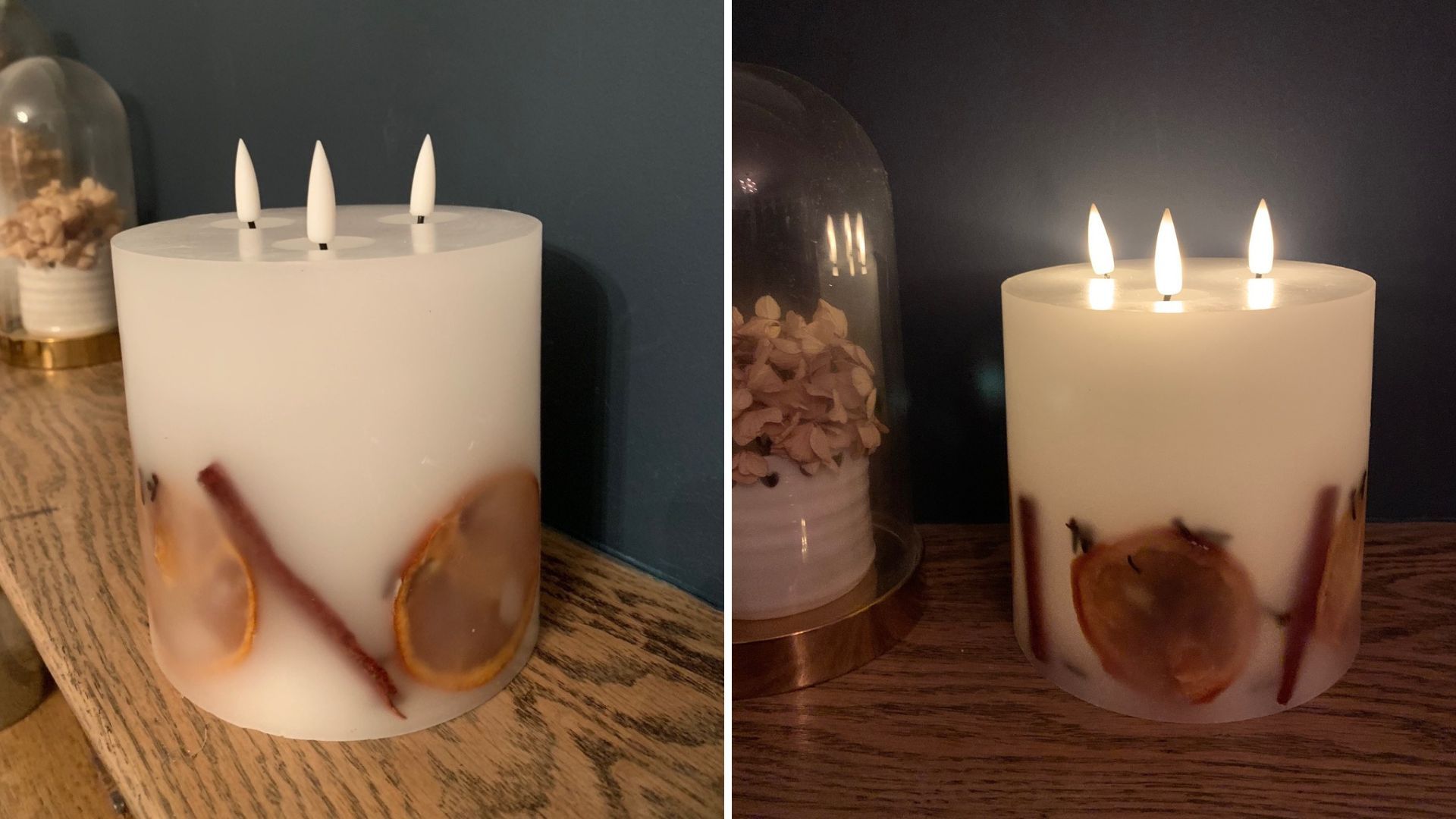 realistic looking three wick pillar candle with dried fruit shot by day and night to show why it is one of the best flameless candles