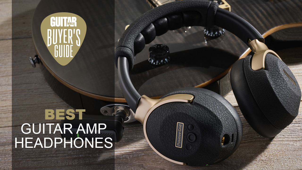 A pair of Positive Grid Spark Neo guitar amp headphones leaning against an electric guitar