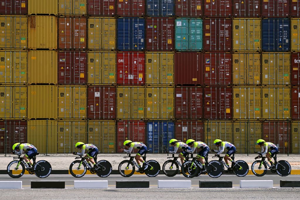KHALIFA PORT UNITED ARAB EMIRATES FEBRUARY 21 A general view of Louis Meintjes Du Bouisson of South Africa Julius Johansen of Denmark Tom Paquot of Belgium Simone Petilli of Italy Rein Taarame of Estonia Gerben Thijssen of Belgium Boy Van Poppel of The Netherlands and Team Intermarch Circus Wanty competing during the 5th UAE Tour 2023 Stage 2 a 173km team time trial in Khalifa Port UAETour on February 21 2023 in Khalifa Port United Arab Emirates Photo by Dario BelingheriGetty Images