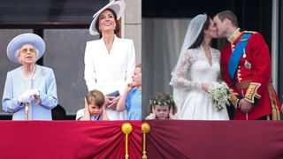 Photo collage showing Kate Middleton on Buckingham Palace balcony during wedding and platinum jubilee