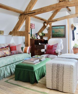 beamed colorful living room with cubes in linen by Vanrenen GW Designs in Sarah Vanrenen Wiltshire country barn