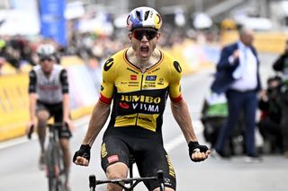 TOPSHOT Belgian Wout van Aert of Team JumboVisma celebrates after winning the E3 Saxo Bank Classic one day cycling race 2041km from and to Harelbeke on March 24 2023 Photo by JASPER JACOBS Belga AFP Belgium OUT Photo by JASPER JACOBSBelgaAFP via Getty Images