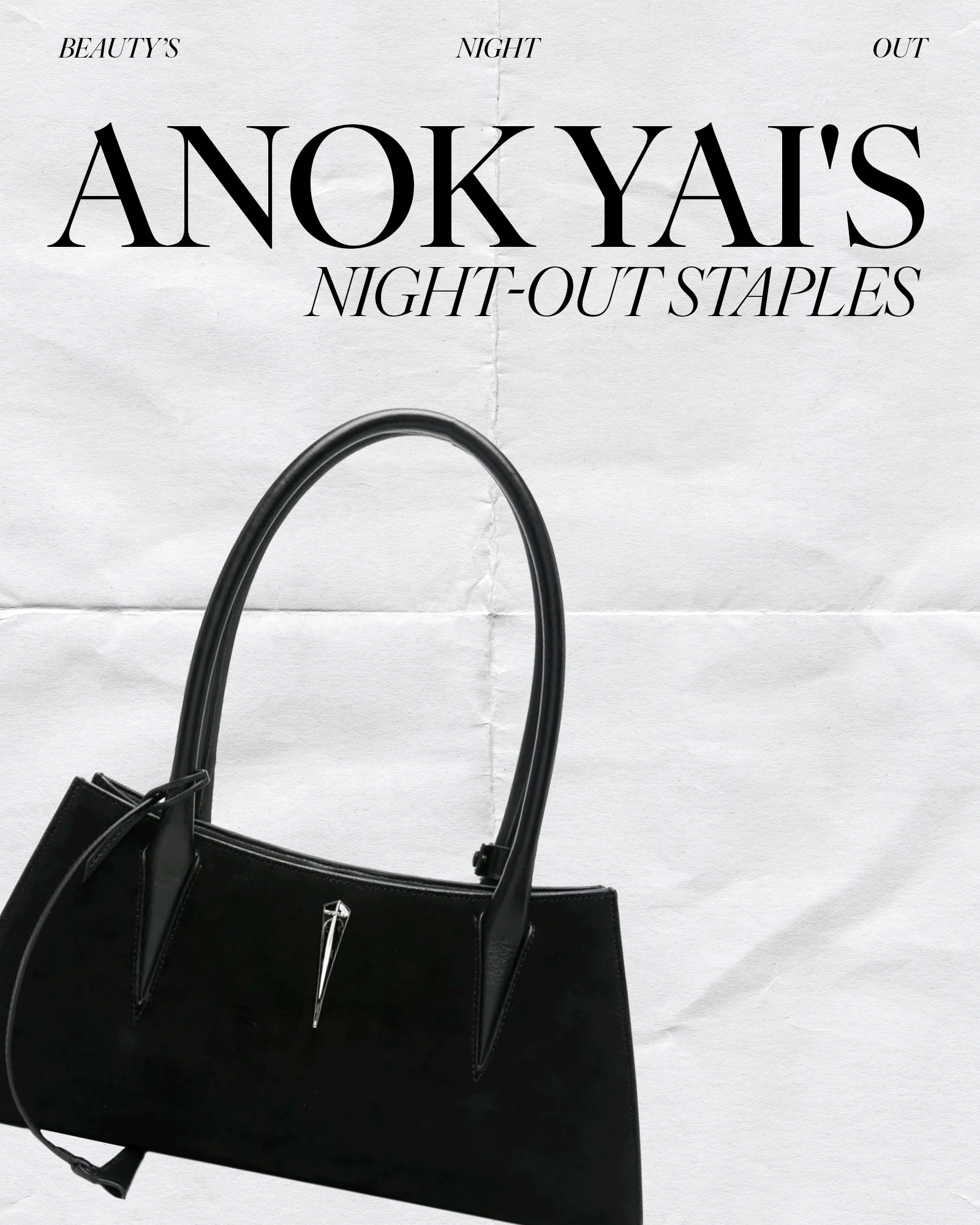 Collage of Anok Yai's going-out beauty staples.