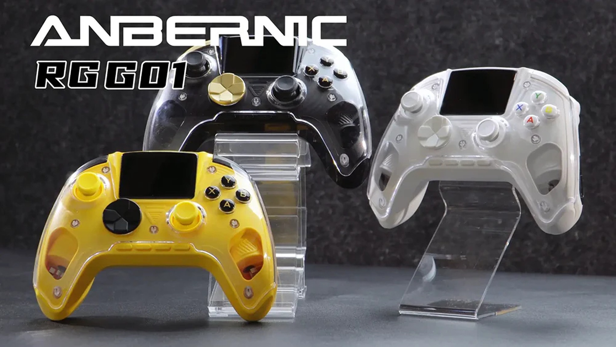 Promotional image of the ANBERNIC RG G01 Smart Controller's black, white, and yellow color schemes.