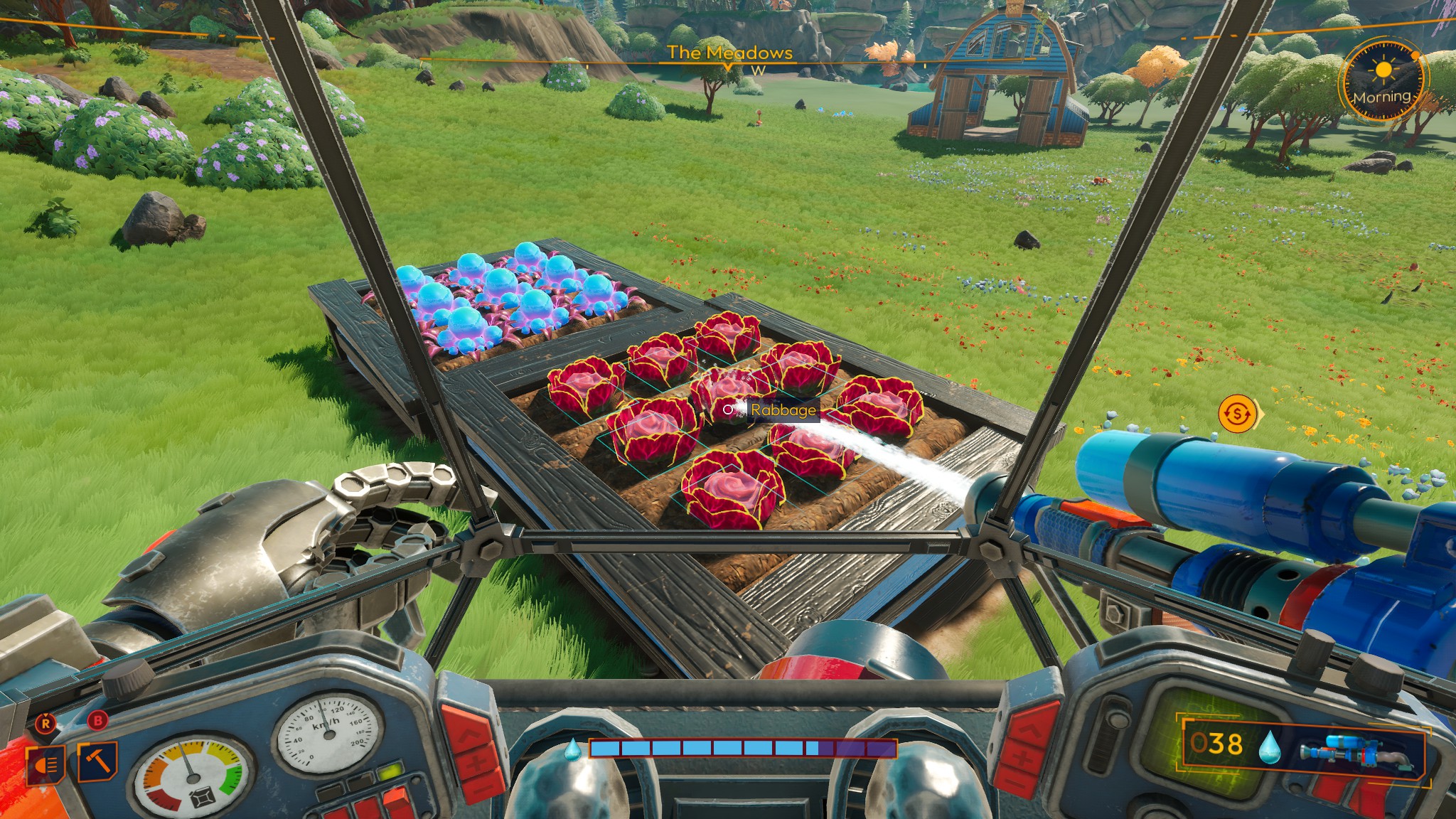 Lightyear Frontier - from the cockpit view of a mecha, a player uses a water canon arm to water crops
