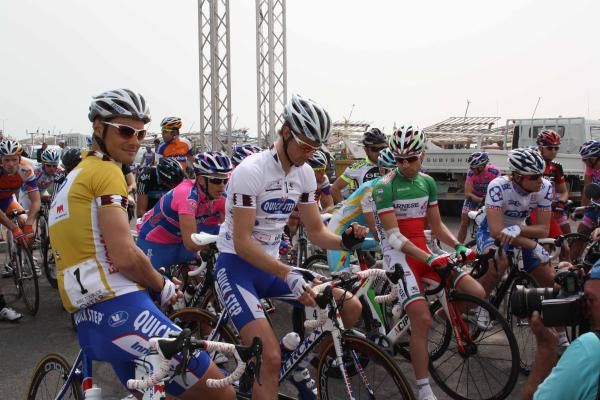 Tom Boonen, Nikolas Maes and Giovanni Visconti on the start line in Al Wakra.