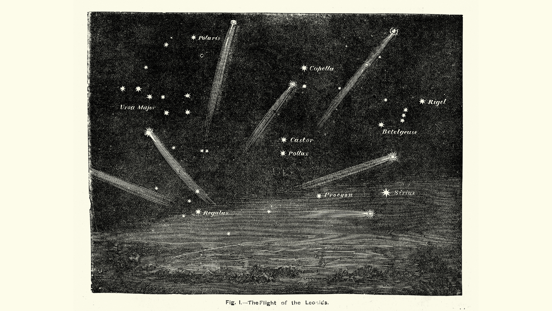 a vintage drawing showing meteors streaking through the sky