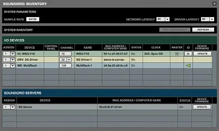 Fig. 3. The SoundGrid Inventory window displays all system components. In this screen, the SG Driver, Yamaha WSG-Y16, and MultiRack appear as I/O devices. 