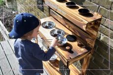 Mud kitchen ideas illustrated by child playing with mud kicthen