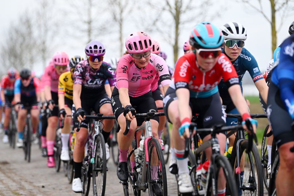 WAREGEM BELGIUM MARCH 29 Letizia Borghesi of Italy and Team EF Education Tibco Svb competes during the 11th Dwars door Vlaanderen 2023 Womens Elite a 1149km ine day race from Waregem to Waregem DDV23 on March 29 2023 in Waregem Belgium Photo by Luc ClaessenGetty Images