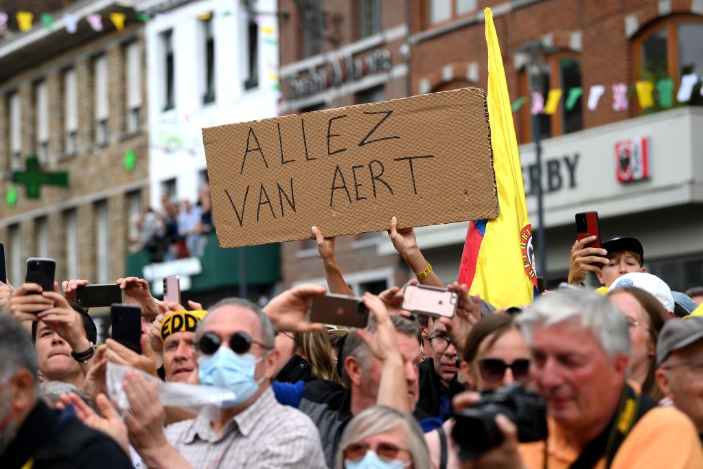 LONGWY FRANCE JULY 07 Fans of Wout Van Aert of Belgium and Team Jumbo Visma Yellow Leader Jersey cheering during the 109th Tour de France 2022 Stage 6 a 2199km stage from Binche to Longwy 377m TDF2022 WorldTour on July 07 2022 in Longwy France Photo by Alex BroadwayGetty Images