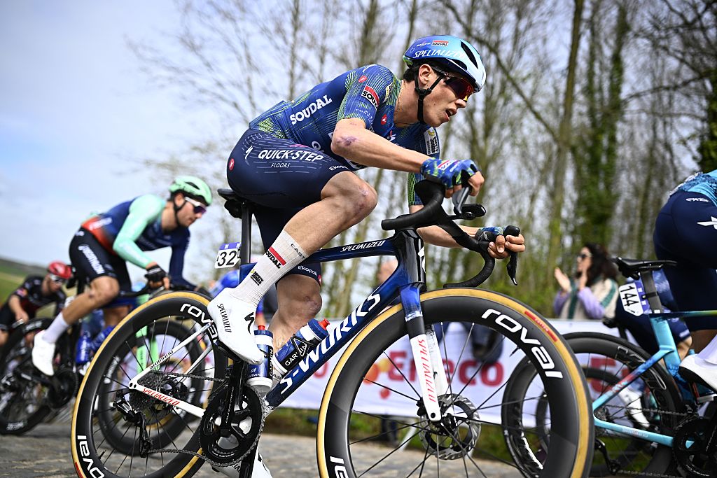 French Paul Magnier of Soudal Quick-Step pictured in action during the men elite race of the 'Dwars Door Vlaanderen' cycling event, 184,6km from Roeselare to Waregem, Wednesday 01 April 2026.BELGA PHOTO JASPER JACOBS (Photo by JASPER JACOBS / BELGA MAG / Belga via AFP)