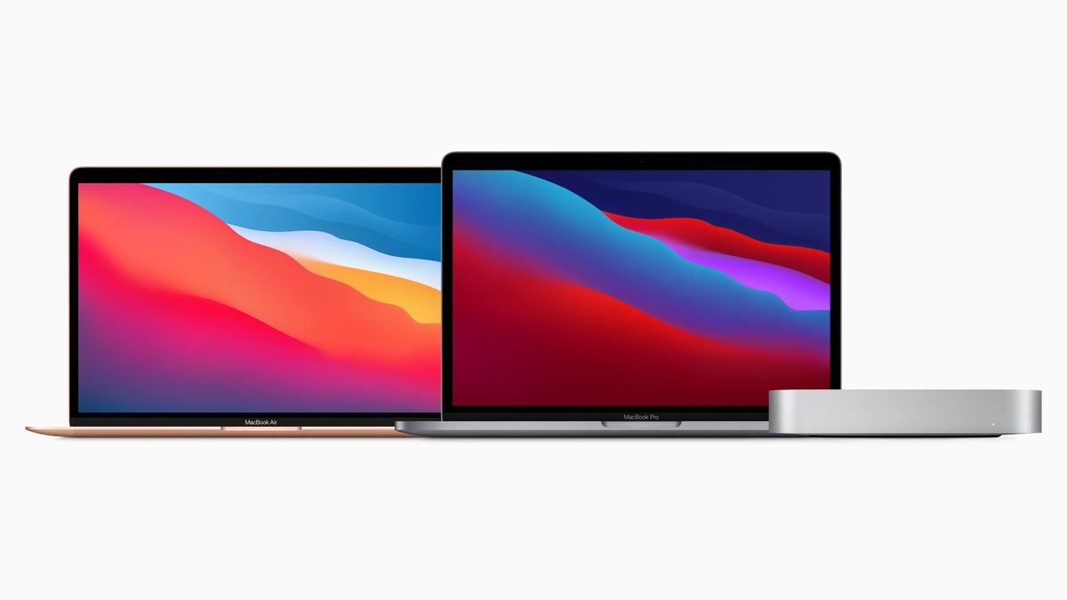 MacBook Air, MacBook Pro, and Mac Mini on white background